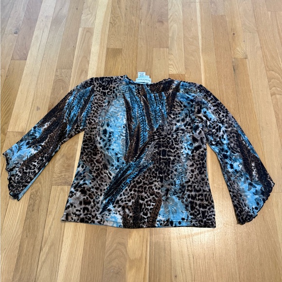 Vintage Y2K Haven Bleu Leopard Print Mesh Top Beaded V-Neck Bell lettuce Sleeve - Picture 10 of 10